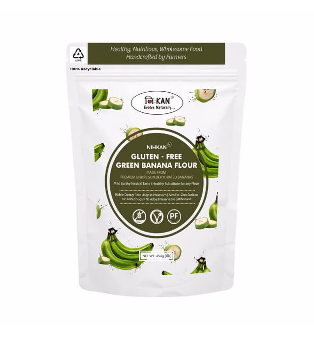 NIHKAN Green Banana Flour - 16 Ounce | Gluten free All Purpose Flour | Alternative for Baking & Cooking | Paleo & Vegan friendly | Source of Resistant Starch & High Fibre - 454g