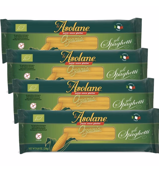Le Asolane Certified Organic Gluten Free Pasta | Spaghetti | 4 Pack | Authentic Imported Italian Gourmet Pasta from Select Premium Grade Corn Flour | 8.8 oz packages