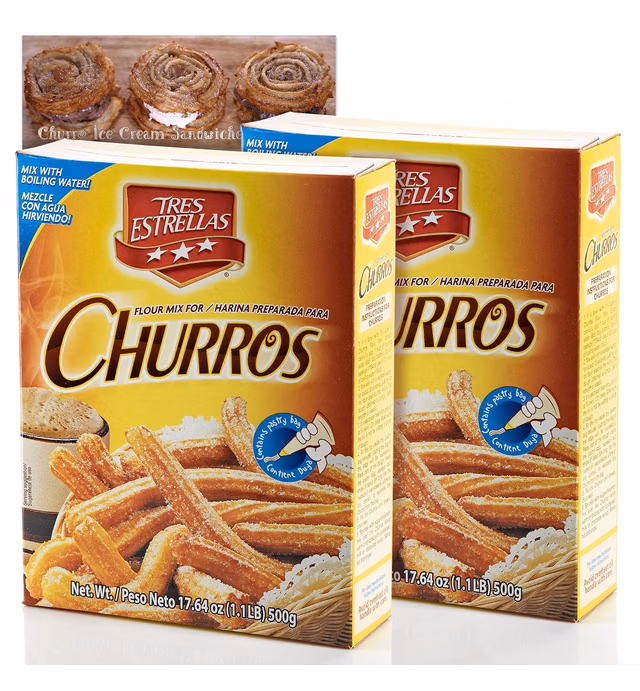 Tres Estrellas Flour Churro Mix | 2 Pack - 17.6 Ounce Each Box | Bundled with Ballard Churro Frozen Dessert Recipe Card