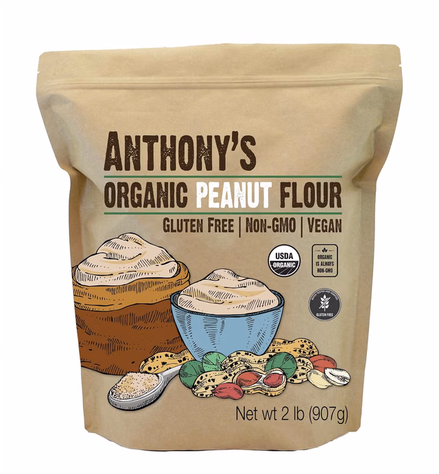 Anthony's Organic Peanut Flour, Defatted, 2 lb, Light Roast 12% Fat, Verified Gluten Free