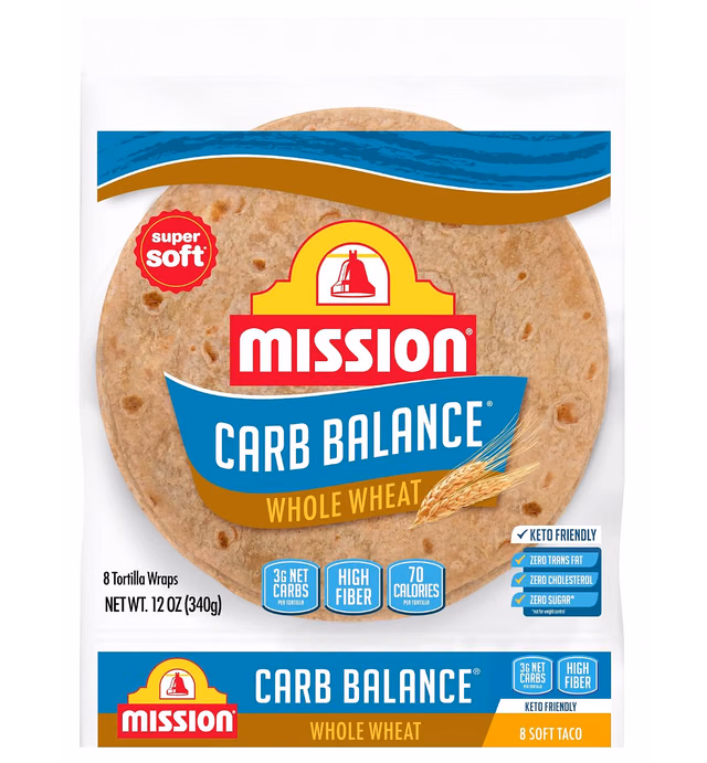 Mission Carb Balance Soft Taco Whole Wheat Tortillas, Medium Size, 8 Count, Low Carb, Keto, Whole Grains, High Fiber, No Sugar