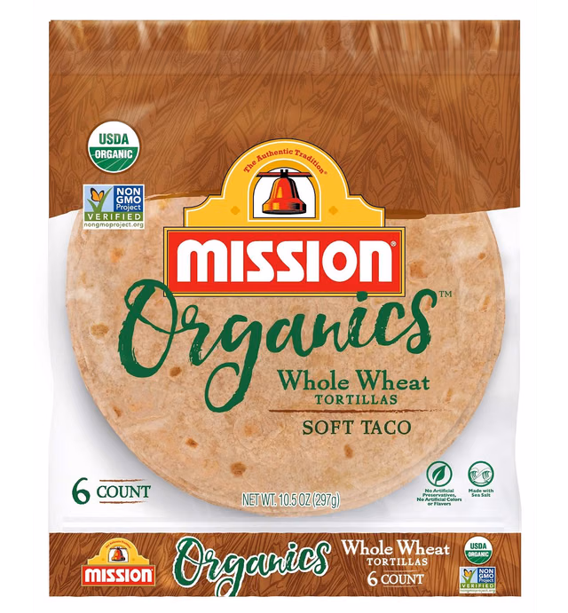 Mission Organics Whole Wheat Tortillas, Medium Soft Taco Size, 6 Count