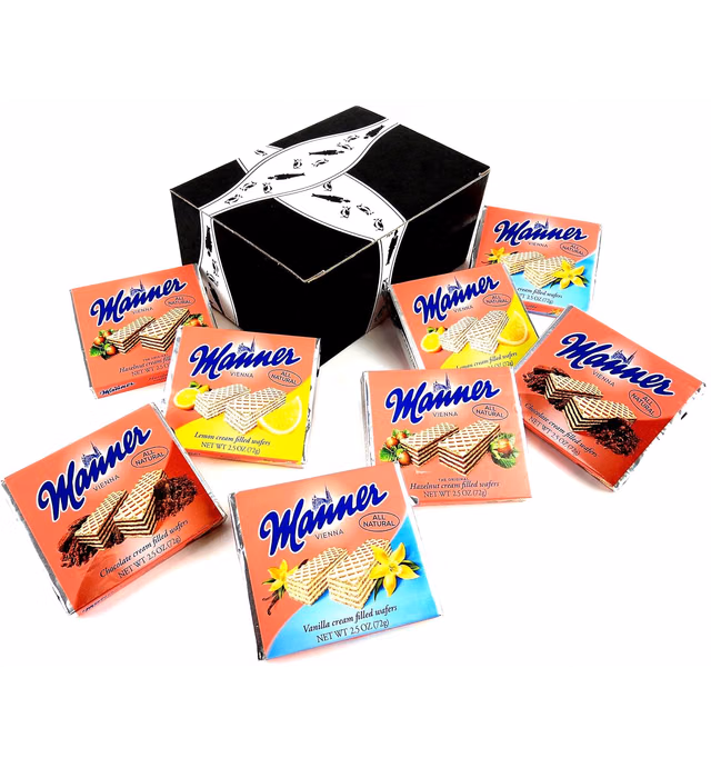 Manner Cream Filled Wafers 4-Flavor Variety: Two 2.5 oz Packages Each of Vanilla, Chocolate, Hazelnut, and Lemon in a BlackTie Box (8 Items Total)