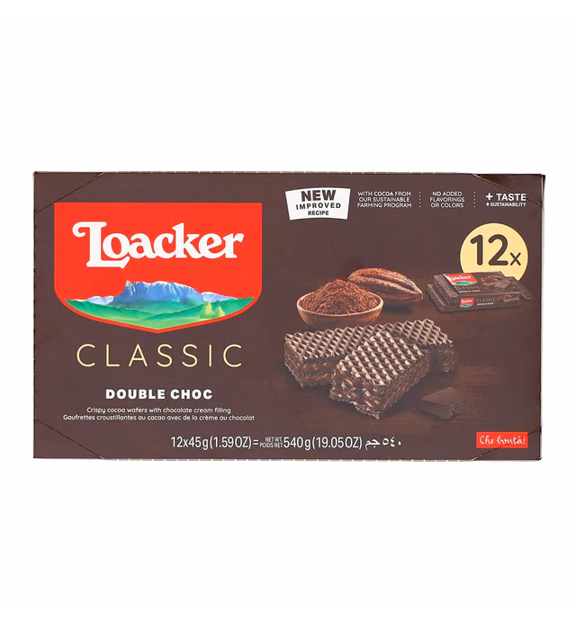 Loacker Classic Double Chocolate Wafers - Premium Crispy Cocoa Wafer Cookies with Chocolate Cream Filling - Multipack of 12 Snack Packs - NON-GMO - Sustainably Sourced Cocoa - 45g/1.59oz, Pack of 12