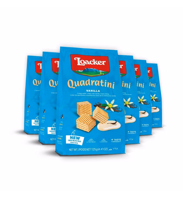 Loacker Quadratini Vanilla bite-size Wafer Cookies | SMALL Pack of 6 | Crispy Wafers with 4 creamy layers of finest Vanilla cream filling | great for snacks & desserts | Non GMO | No artificial flavorings, added colors or preservatives | 4.41 oz