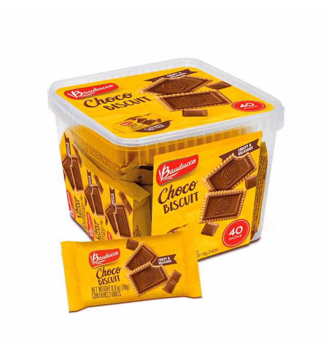 Bauducco Choco Biscuit Cookies -Tub 40 pk - Crispy & Delicious - Great for Snacks, Dessert & Lunch Box – 2 cookies per pack, individually wrapped, 25.3 oz (Pack of 40)