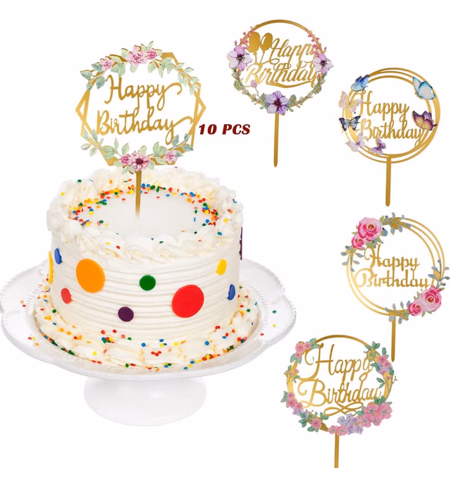 10-Pack Happy Birthday Cake Toppers,Gold Cake Toppers Acrylic Birthday Cake Supplies,4inchx6inch (flower)