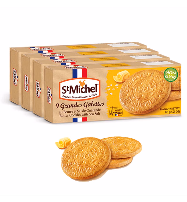 St Michel Grandes Galettes Butter Cookies Biscuits with Sea Salt 5.29oz Made In France, Pack of 4 Non-GMO total of 36 Pure Butter Cookies