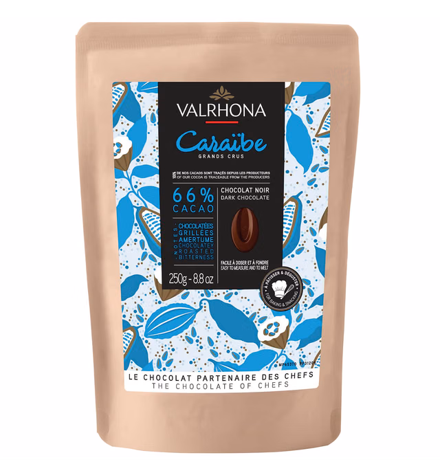 Valrhona Dark French Chocolate Discs for Baking (Feves). Premium CARAÏBE 66% Cacao Grand Cru Blend. Easy Melt & Tempering. Cookies, Cakes, Mousses, Frostings, Hot Chocolate, Candies 250g (Pack of 1)