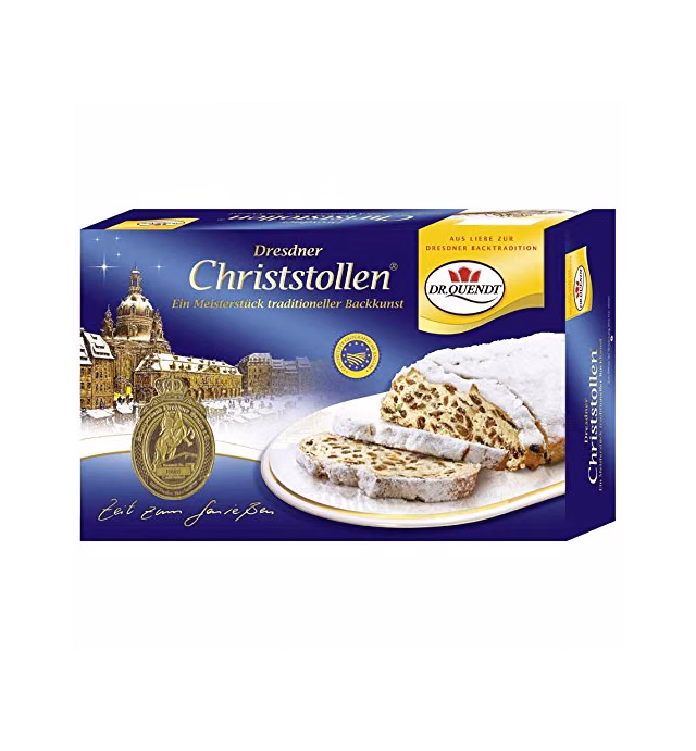 Dr. Quendt Christstollen Traditional Stollen Recipe Iconic Holiday Sweet Bread Heavy Yeast Dough with Butter, Rum Raisins, Cake is Densely Coated in Confection Sugar, Imported from Germany 1kg