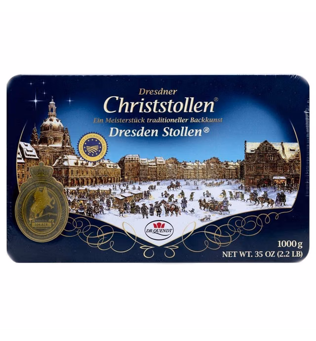 Dr. Quendt Christstollen Traditional Stollen Recipe with Heavy Yeast Dough with Butter, Rum Raisins, Cake is Densely Coated in Confection Sugar, Imported from Germany 1kg in Collectible Tin