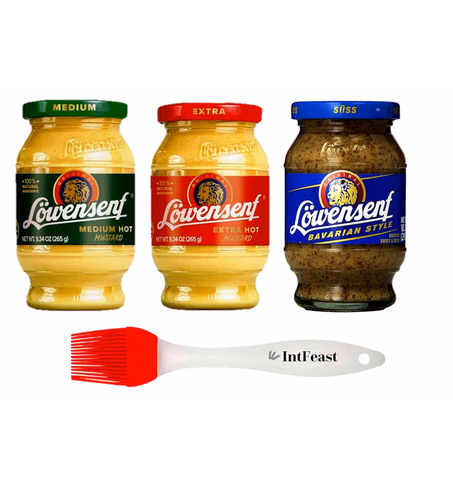 Löwensenf German Mustard Variety Pack (3 Pack) - Extra Hot Mustard 9.3oz (1 Piece) Medium Hot Mustard 9.3oz (1 Piece) Sweet and Spicy Mustard Jar 10.05oz (1 Piece) with Intfeast Silicone Pastry Brush