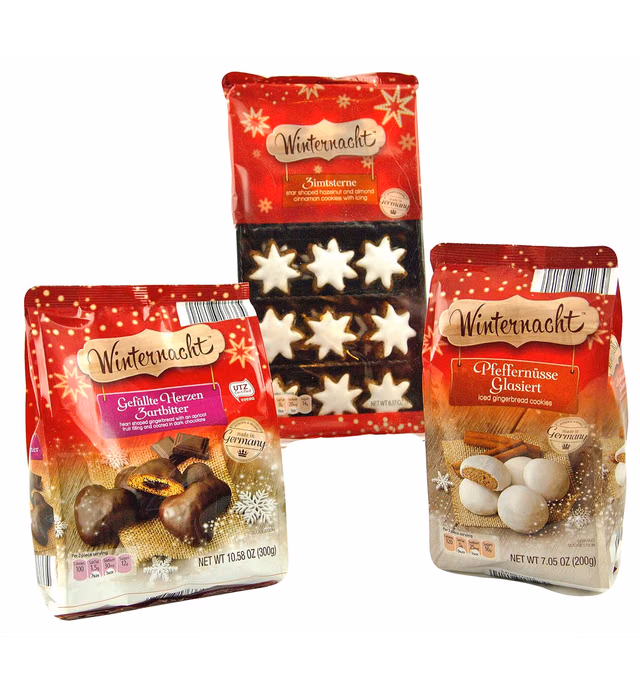 Traditional German Holiday 3-piece Cookie Bundle -- Includes Winternacht Pfeffernüsse Glasiert, Zimtsterne, and Gefüllte Herzen Zartbitter