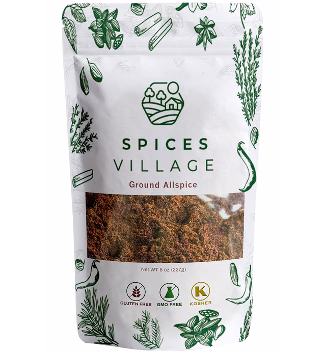 SPICES VILLAGE Ground Allspice (8 oz) - Powdered Fresh Whole Allspice Berries, Ground Jamaican Pimento Seeds, Natural Seasoning for Curries Pastries - Kosher, Gluten Free, Non GMO, Resealable Bulk Bag