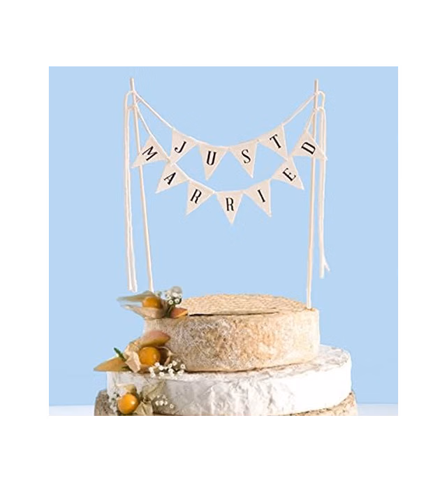 SCHOLMART Just Married Rustic Wedding Cake Topper, Cheese Cake Topper Wedding, Flags Bunting Cake Topper, Handmade Pennant Flags with Wood Pole Cake Topper, preassembled