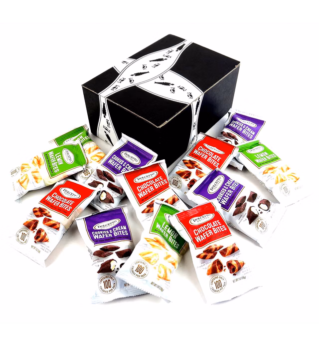 Dolcetto Petites Wafer Bites 3-Flavor Variety: Four 0.7 oz Packets Each of Cookies & Cream, Chocolate, and Lemon in a BlackTie Box (12 Items Total)