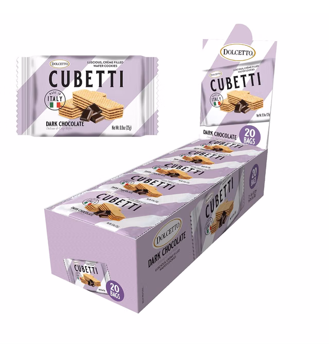 Dolcetto Cubetti Wafer Cookies, Creamy Dark Chocolate Flavor Sweets, Crispy Gourmet Treats made in Italy, NO Preservatives, Grab-and-Go Single-serve size 0.9oz, Great snacks for sharing and gift baskets (20 Packs)