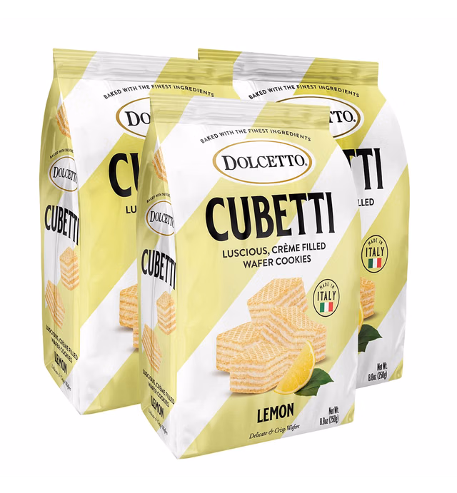 Dolcetto Cubetti Wafer Cookies, Creamy Lemon Flavor Sweets, Crispy Gourmet Treats made in Italy, NO Preservatives, 8.8oz Bag, Great snacks for sharing and gift baskets (Pack of 3)