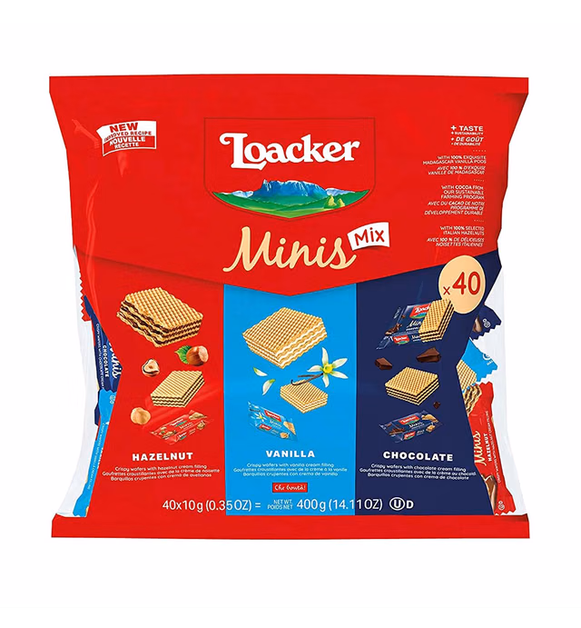 Loacker Minis Wafer Mix - Premium Assorted Cream Filled Mini Wafer Cookies - Hazelnut, Chocolate and Vanilla - Variety Pack with 40 Individually Wrapped Crispy Wafers - NON-GMO and 30% Less Sugar - Sustainably Sourced Ingredients - Made in Italy - 10g/0.35oz, 40 Snack Packs