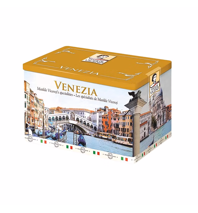 Matilde Vicenzi Venezia Italy Shortbread Cookie Gift Tin, Imported Assortment Of Italian Butter Cookies & Crispy Tea/Coffee Pastries, Individually Wrapped Trays Of Holiday Bakery Snacks, Kosher, 32 oz