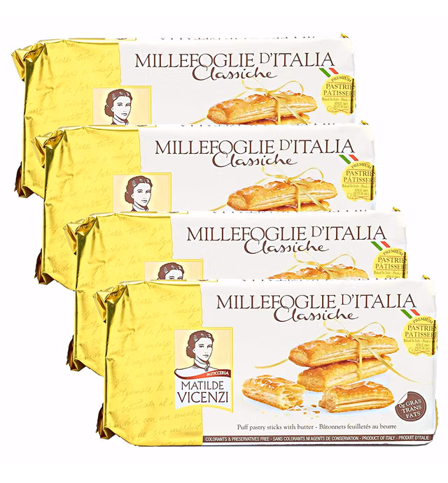 Millefoglie D'Italia Classiche by Pasticceria Matilde Vicenzi | Gourmet Italian Puff Pastry Cookies | Made in Italy | 4.41oz (125g) Tray of 8 Pastries-Pack of 4 | All-Natural, Kosher, Dairy