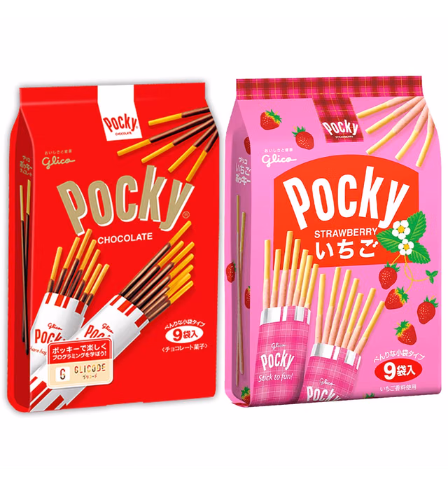 Pocky Family Pack Sticks, 2 Packs Variety Pack of Chocolate and Strawberry Cream Covered Biscuit, 9 Count Per Pack, Made in Japan