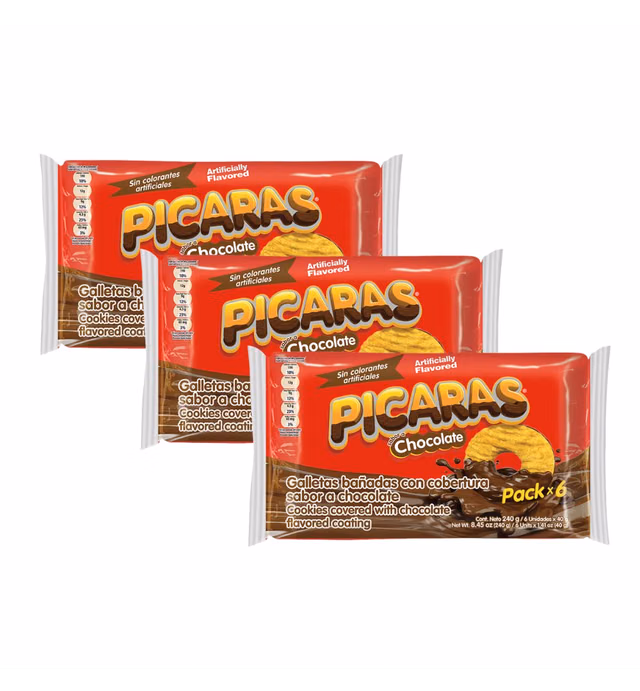 Picaras Chocolate Cookies | Chocolate Flavored Covered Cookies | On-The-Go Treat | 8.45 Oz (Pack of 3)