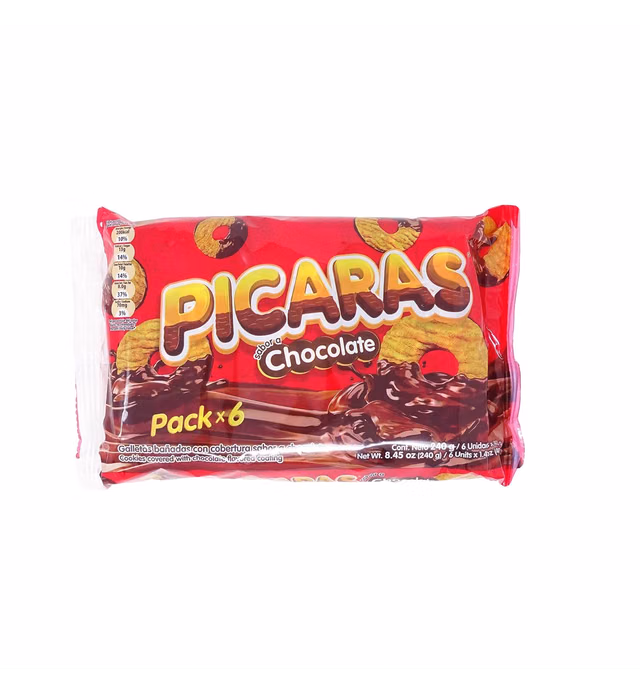 PICARAS Galletas Bañadas en Chocolate 240 gr. (6 units of 40 gr.) 24 cookies.