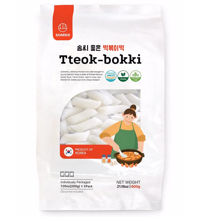 Korean Rice Cake Tteokbokki Stick, Vegan Non-GMO Gluten-Free Tteok Pre-sliced 떡볶이 21.16 oz by Somshi - 3 Individual Packs (3 Count, Pack of 1)