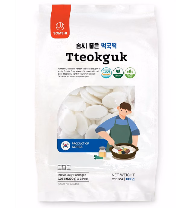 Korean Sliced Rice Cake – Chewy Tteok, Rice Cake Soup, Vegan and Gluten Free Non-GMO 떡국떡, by Somshi, 3 Individual Packs (3 Count, Pack of 1)