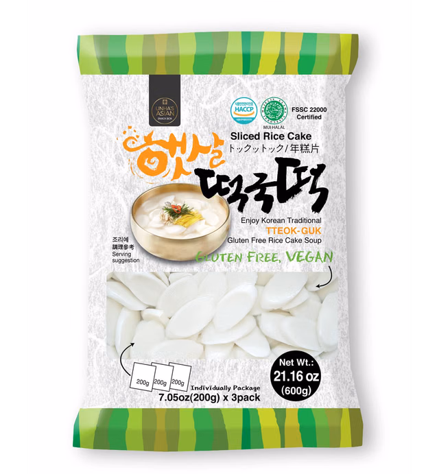 Korean Sliced Rice Cakes – Chewy Tteok, Tteokbokkik, Rice Cake Soup, Halal, Vegan and Gluten Free Non-GMO 21.16 oz (7.05 oz X 3 Individual Pack) 떡국 떡, by Unha's Asian Snack Box