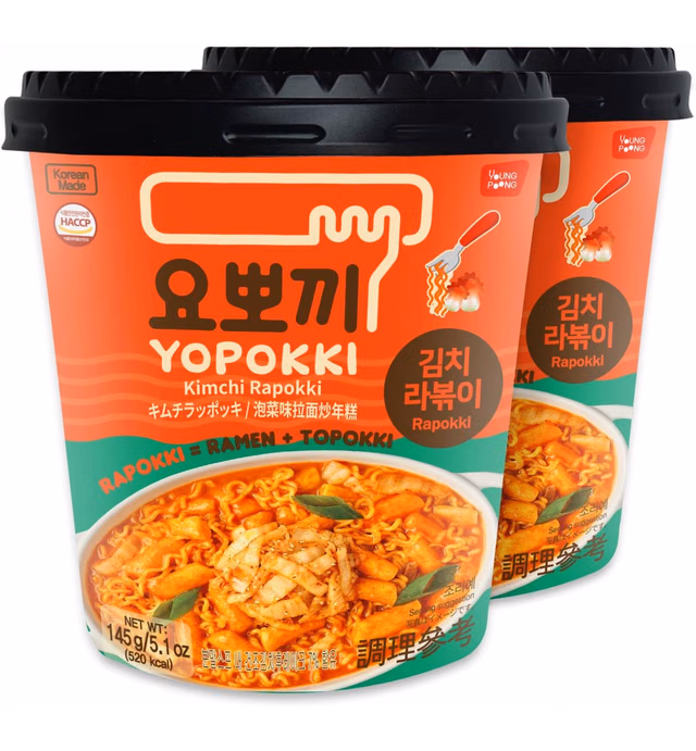 Yopokki Kimchi Rabokki Cup I Ramen Noodle Tteokbokki Topokki Rice Cakes (Kimchi Flavored Sauce, 2 Cup) Korean Snack