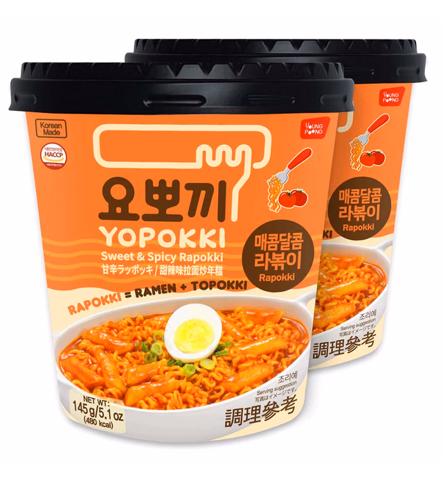 Yopokki Sweet & Mild Spicy Rabokki Cup I Ramen Noodle Tteokbokki Topokki Rice Cakes (Sweet & Mild Spicy Flavored Sauce, 2 Cup) Korean Snack
