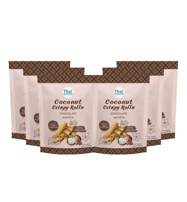Thai Coco - Chocolate Flavored Crispy Coconut Rolls - Gluten Free and Dairy Free Coconut Rolls - Made with 40% Coconut Milk - No Preservatives Added - Thai Street Food - 6 Packets of 4.93oz.