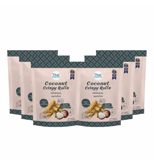 Thai Coco - Original Crispy Coconut Rolls - Gluten Free and Dairy Free Coconut Rolls - Made with 40% Coconut Milk - No Preservatives Added - Thai Street Food - 6 Packets of 4.93oz.