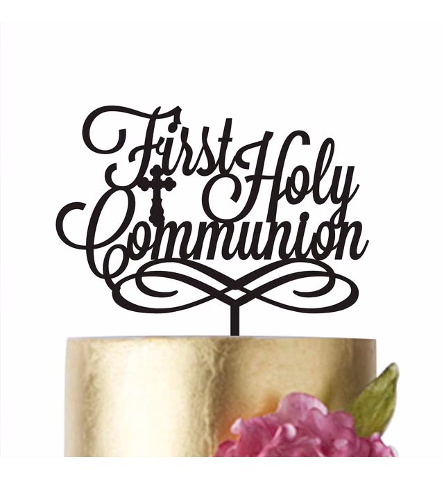 First Holy Communion Cake Topper Baby Baptism Acrylic Religious Centerpieces Girl Boy Cake toppers Gold Silver Cake Decorations Christening (Black, 5 in)