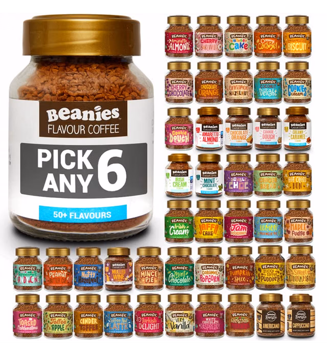 Beanies Flavoured Instant Coffee PICK ANY 6 Jars (50g) from 50+ Flavours (Blends, Barista, Decaf) Inc. Turkish Delight, Chocolate Orange, Chai Latte, Cookie Dough, Hazelnut, Caramel, Vanilla and More!
