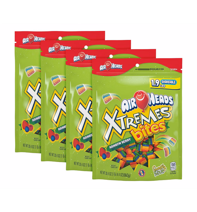 Airheads Candy, Xtremes Sour and Sweet Bites, Rainbow Berry, Party, Cake Toppings, 30.4oz Large Bag (Pack of 4)