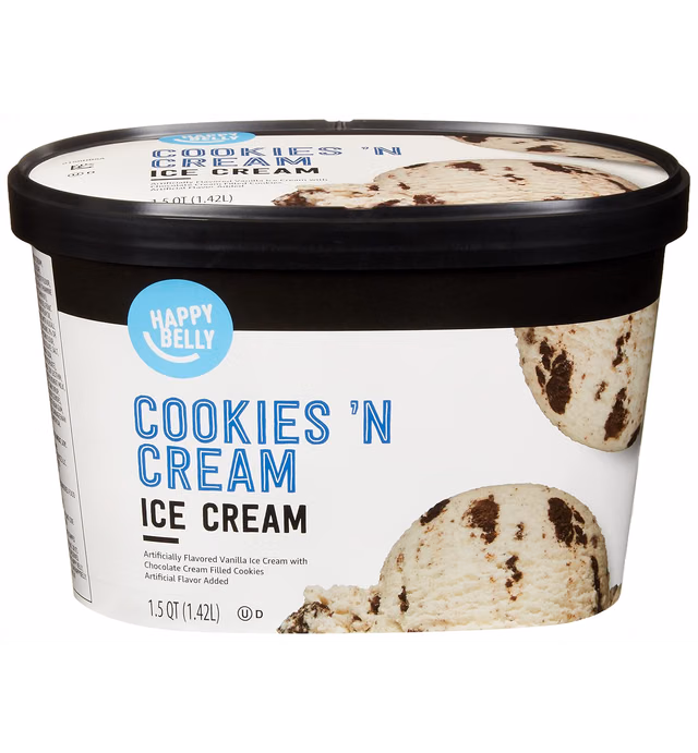 Amazon Brand - Happy Belly Cookies 'N Cream Ice Cream, 48 Fl Oz (Frozen)