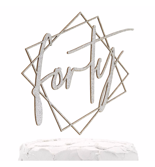 NANASUKO 40th Birthday Cake Topper - forty - with Modern Geometric Frame - Double Sided Silver Glitter - Premium Quality Made in USA