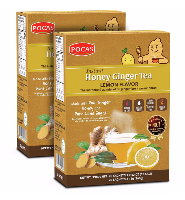 Pocas Honey Ginger Tea - Instant Tea Powder Packets with Lemon & Ginger Honey Crystals Tea, Non-GMO/Gluten Free/Caffeine Free Tea, 20 Count (Pack of 2)