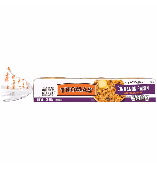 Thomas’ Cinnamon Raisin English Muffins, 6 Count, 13 Oz Package of English Muffins