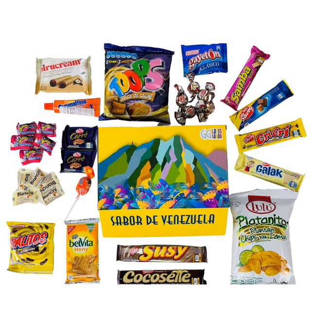LATIN SABOR Venezuelan Food Sweet Snacks Gift Crate Box Assorted Cookies, Chips & Candies Mix Variety Pack Cocosette Susy Toronto Chocolate. Box for Adults, College Students or Kids (30 count)