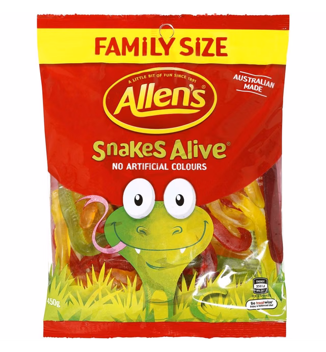 Allen's Snakes Alive 460g Family Size (Made in Australia)