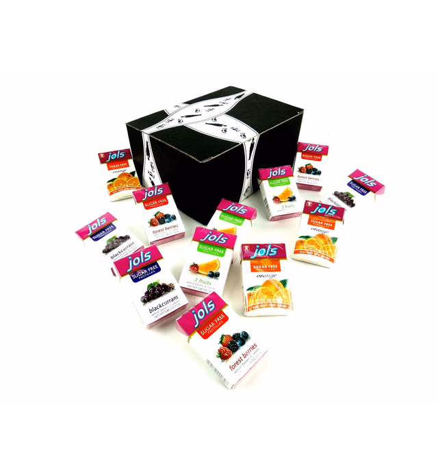 Jols Sugar Free Pastilles 3-Flavor Variety: Four 0.88 oz Packets Each of Blackcurrant, 3 Fruits, and Forest Berries in a BlackTie Box (12 Items Total)