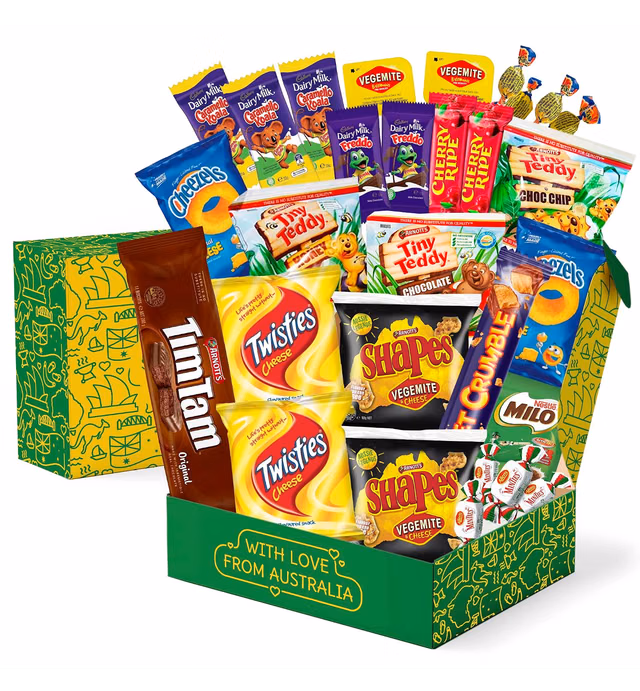 Father's Day Gift Idea Australian Snack Gift Box (29 Units) Best Australian Candy and Food Products Packed with Aussie Candy Classics including Tim Tams, Arnott’s, Twisties, Cherry Ripe and Much More - Happy Tucker