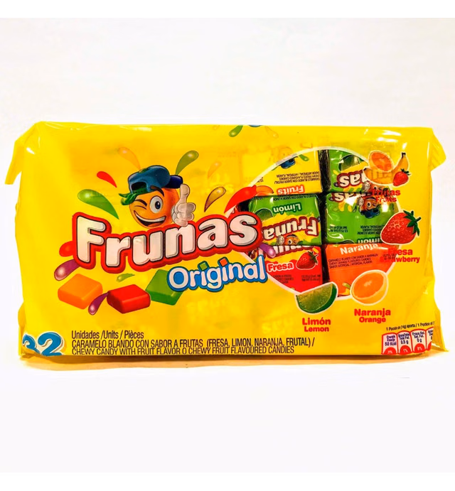 Frunas Original - Caramelo Blando (Fresa, Limon, Naranja, Frutal) - Box of 32 Candies.