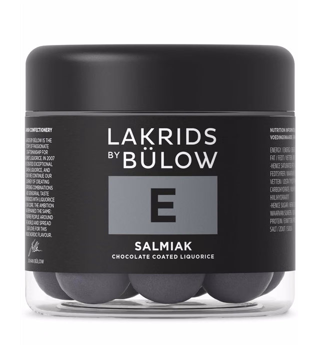 LAKRIDS BY BÜLOW - E - Salmiak - 4.41 OZ - Chocolate Coated Licorice Balls - Original Danish Candy Sustainably Produced in Copenhagen