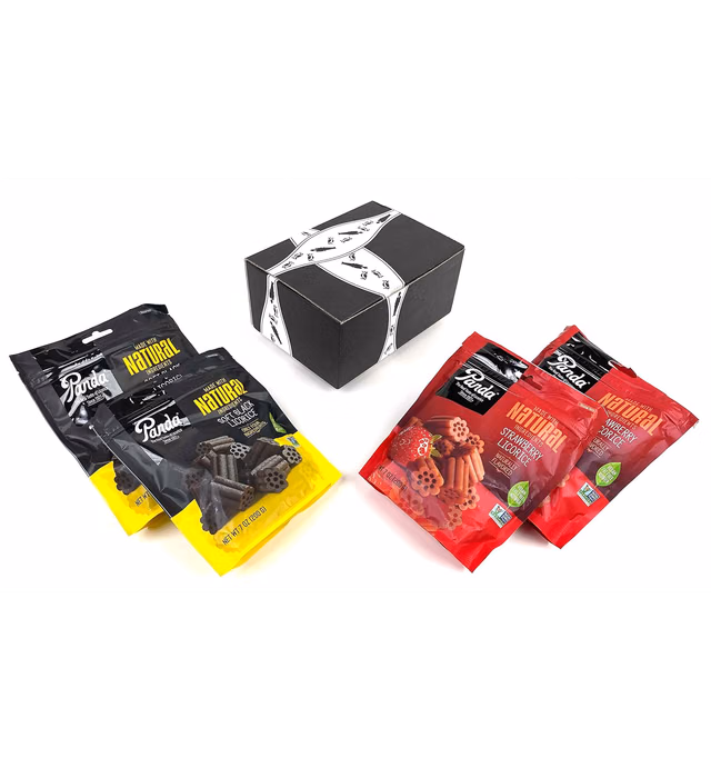 Panda All Natural Licorice 2-Flavor Variety: Two 7 oz Bags Each of Black and Strawberry in a BlackTie Box (4 Items Total)