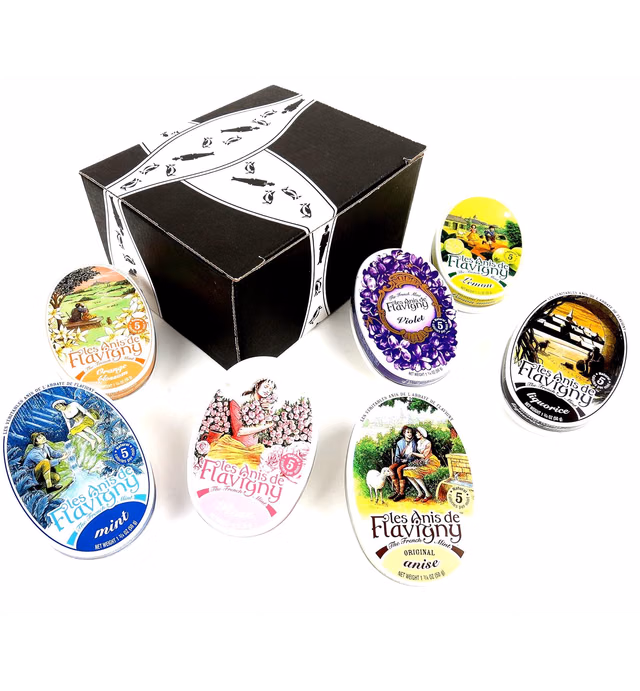 Les Anis De Flavigny Mints 7-Flavor Variety: One 1.75 oz Tin Each of Original Anise, Orange Blossom, Rose, Violet, Lemon, Mint, and Liquorice in a BlackTie Box (7 Items Total)